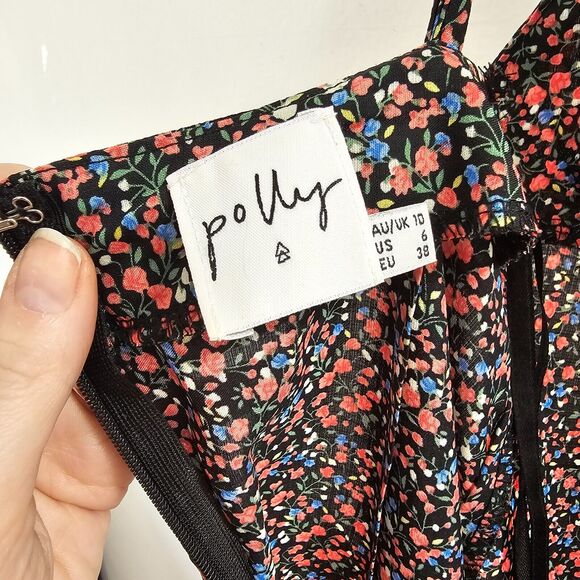 Polly Black Pink Blue Floral Print VNeck Spaghetti Strap Side Slit Dress 6 - Picture 9 of 10